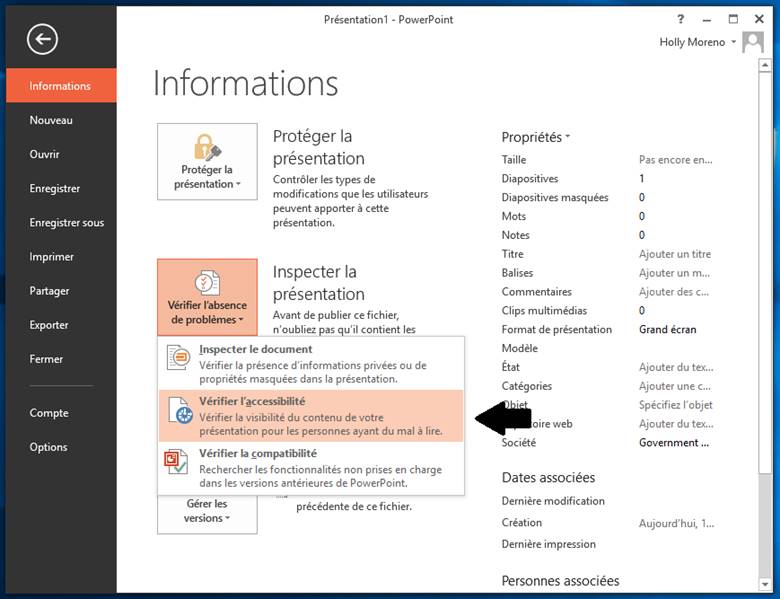 Capture d’écran de Menu Vérification de l’accessibilité